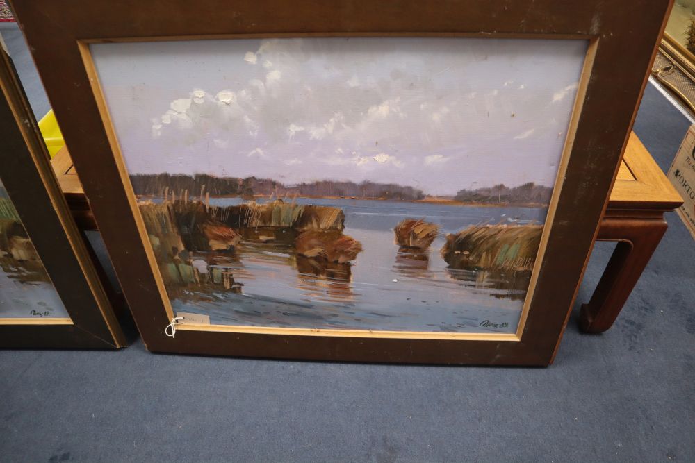 20th century Polish School, three oils on canvas, Lake scenes, indistinctly signed and dated 89, 59 x 72cm